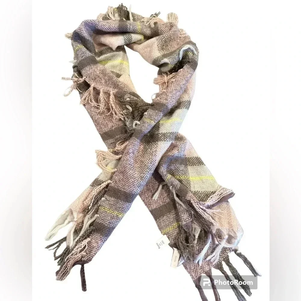 Ann Taylor Loft Plaid Knit Scarf Multicolor Fringe Trim Neck Warmer
